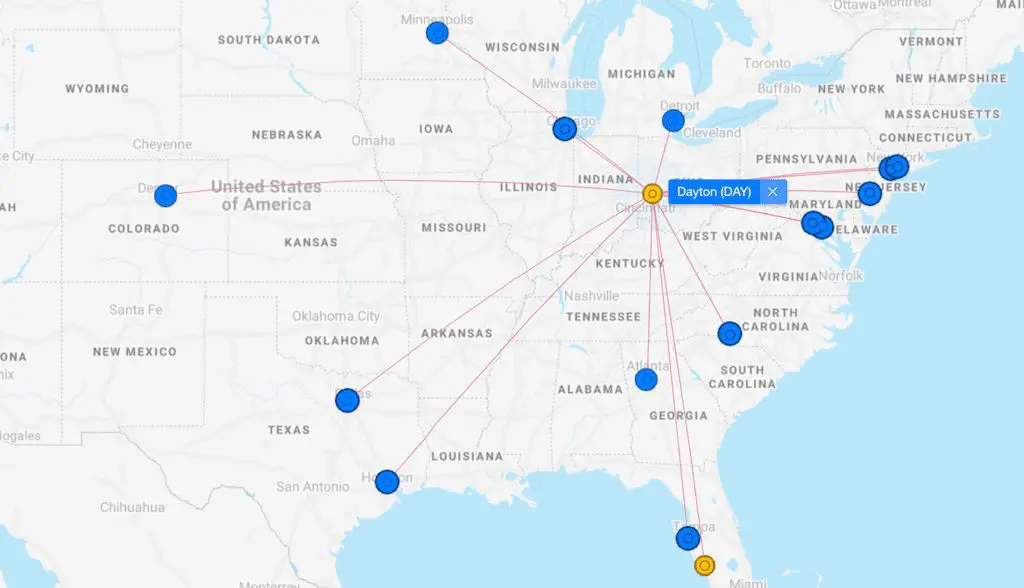 Mapa de rutas de vuelos directos desde el Aeropuerto Internacional James M. Cox Dayton