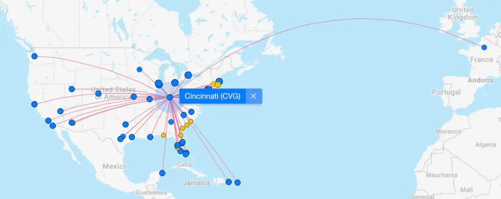 Mapa de rutas de vuelos directos desde el Aeropuerto Internacional de Cincinnati/Northern Kentucky