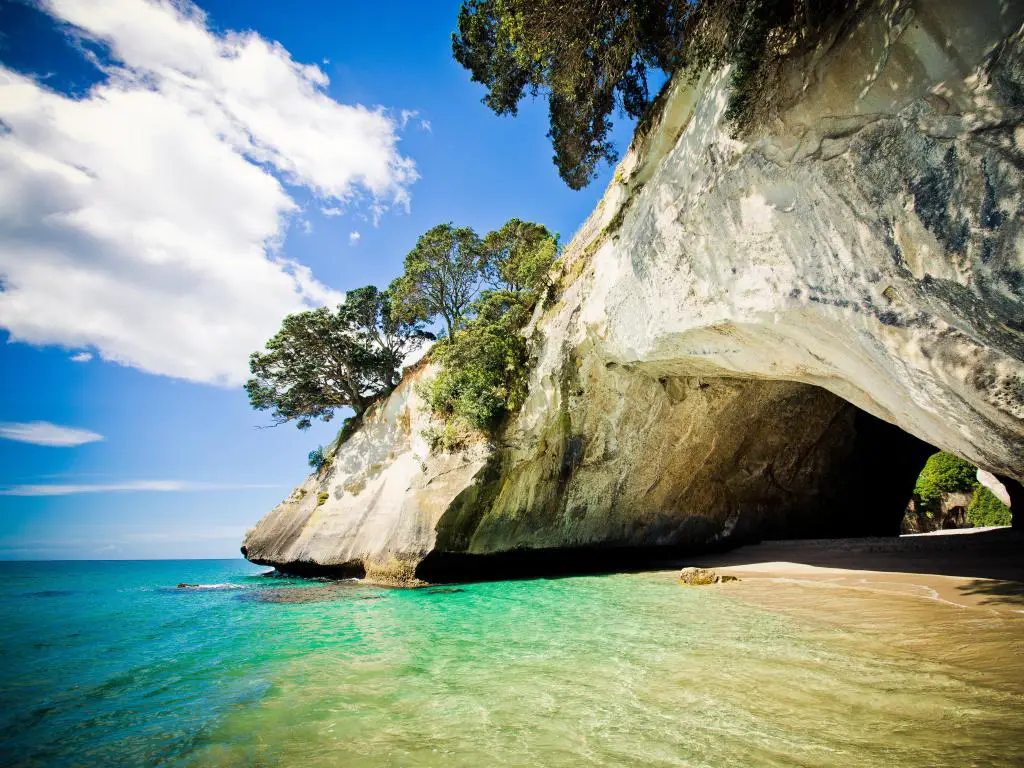 Cathedral Cove, península de Coromandel en Nueva Zelanda con agua turquesa y una cueva sobre arena dorada suave.
