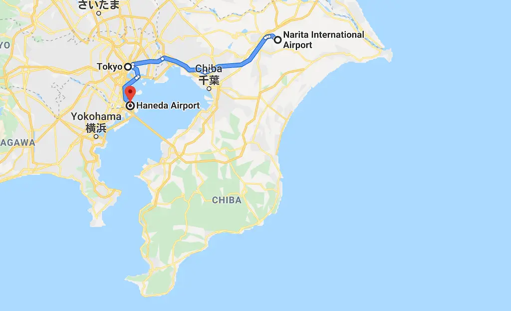 Mapa que muestra la distancia entre los aeropuertos de Tokio