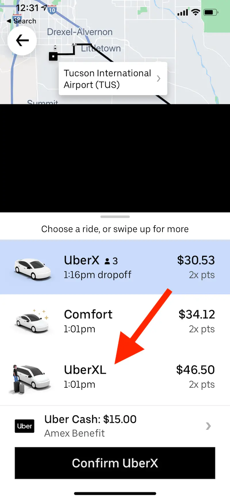 Aplicación de Uber que muestra la opción Uber XL