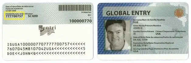 Tarjeta de entrada global con identificación de pase número de viajero conocido 
