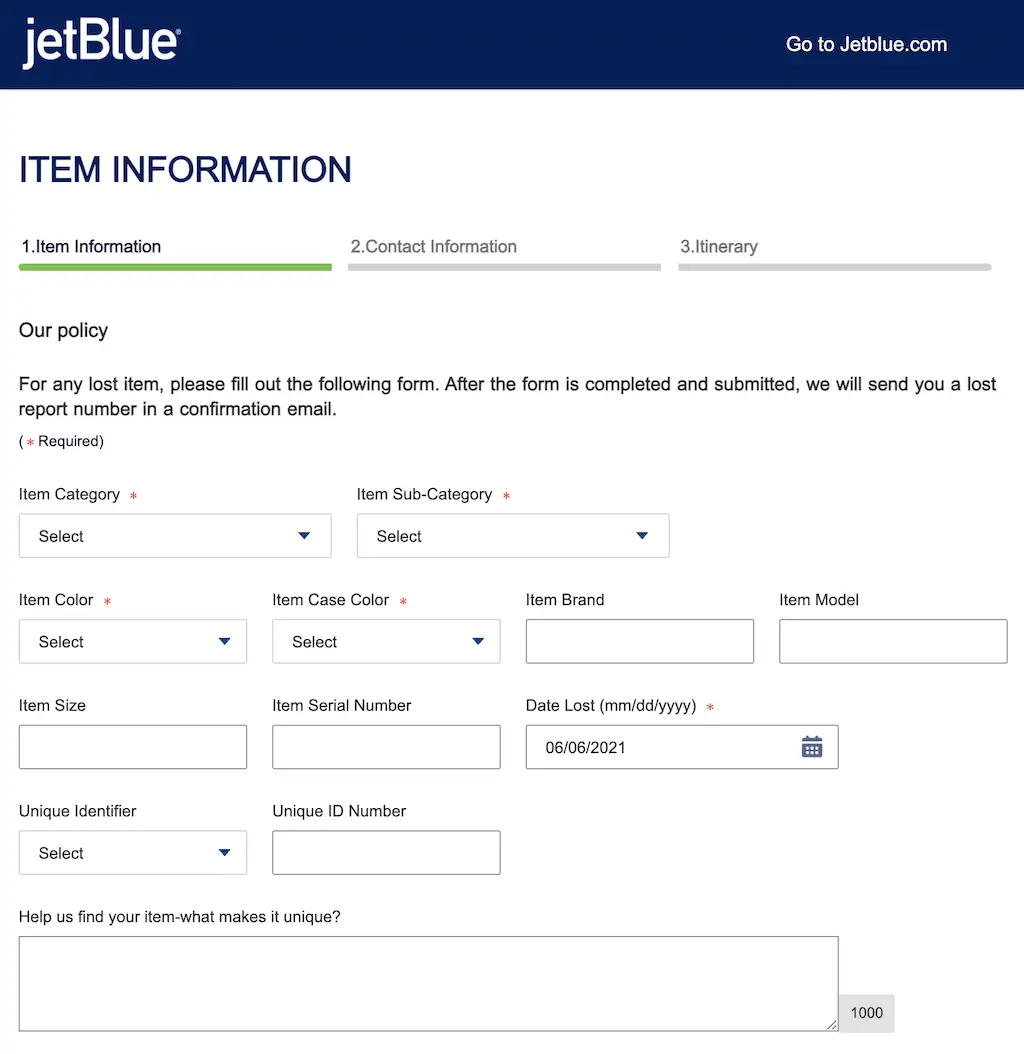 Formulario de objetos perdidos y encontrados de JetBlue