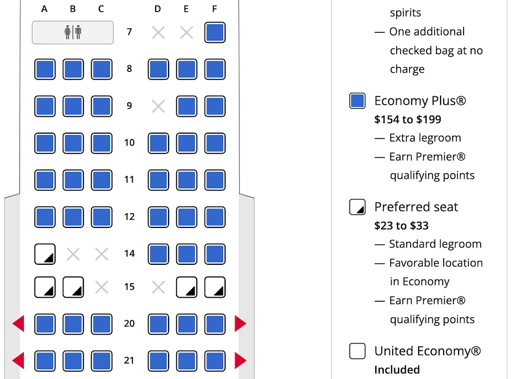 Mapa de asientos de United Economy Plus