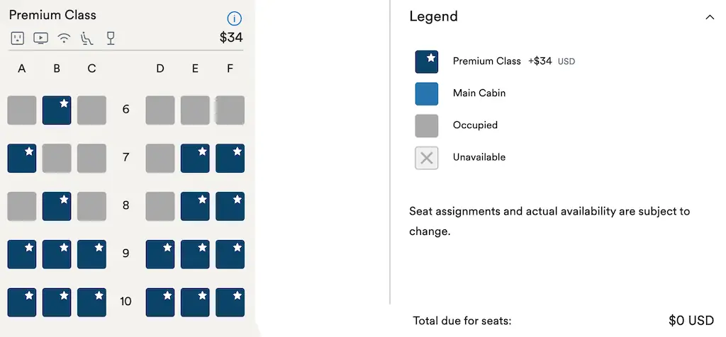 Selección de asientos en clase premium