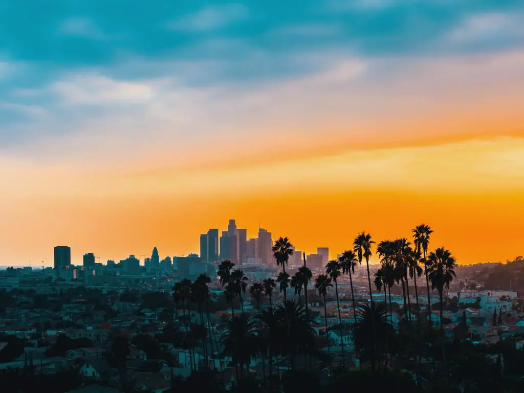 Edificios de gran altura del centro de Los Ángeles a la luz naranja del atardecer con siluetas de palmeras en primer plano