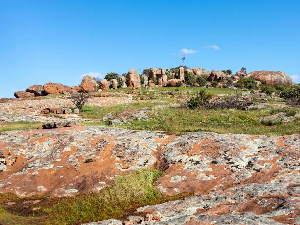 Parque Nacional Gawler Ranges, península de Eyre, Australia Meridional con formaciones rocosas de granito en primer plano y fondo en un día soleado. 