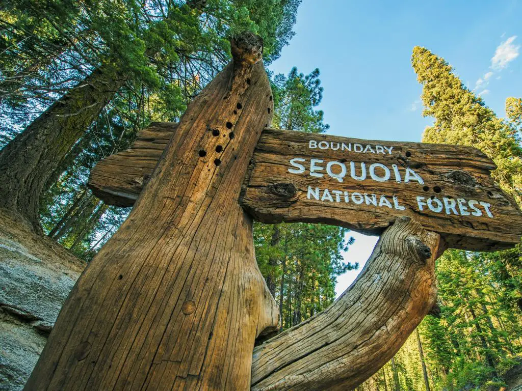 Parque Nacional Sequoia, California, EE.UU. con el cartel de madera en la carretera del Parque Nacional Sequoia tomada en un día soleado.