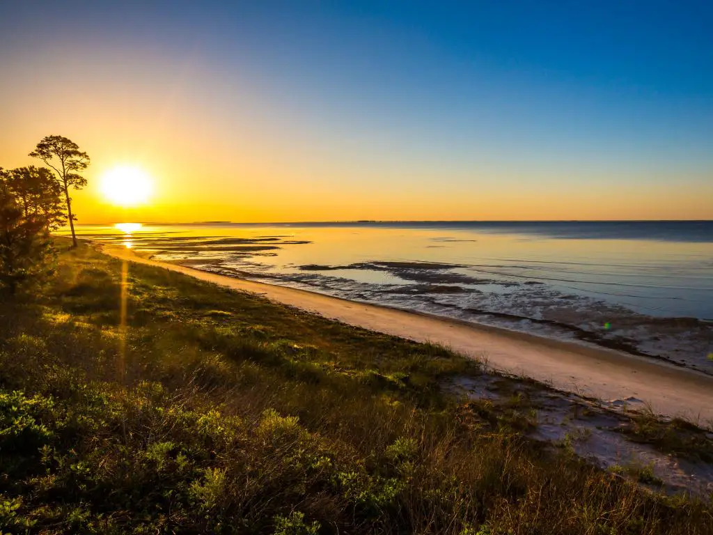 Apalachicola, Florida, EE.UU. tomada al amanecer sobre la playa con un borde de hierba en primer plano.