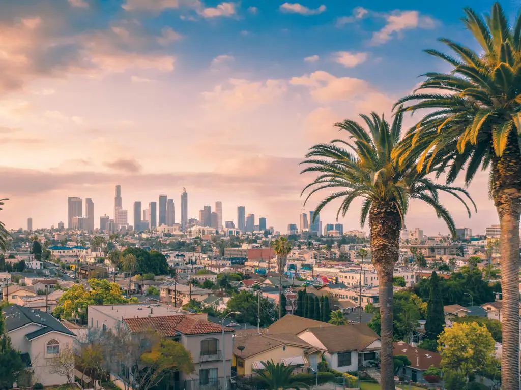 Hermosa puesta de sol del horizonte del centro de Los Ángeles y palmeras