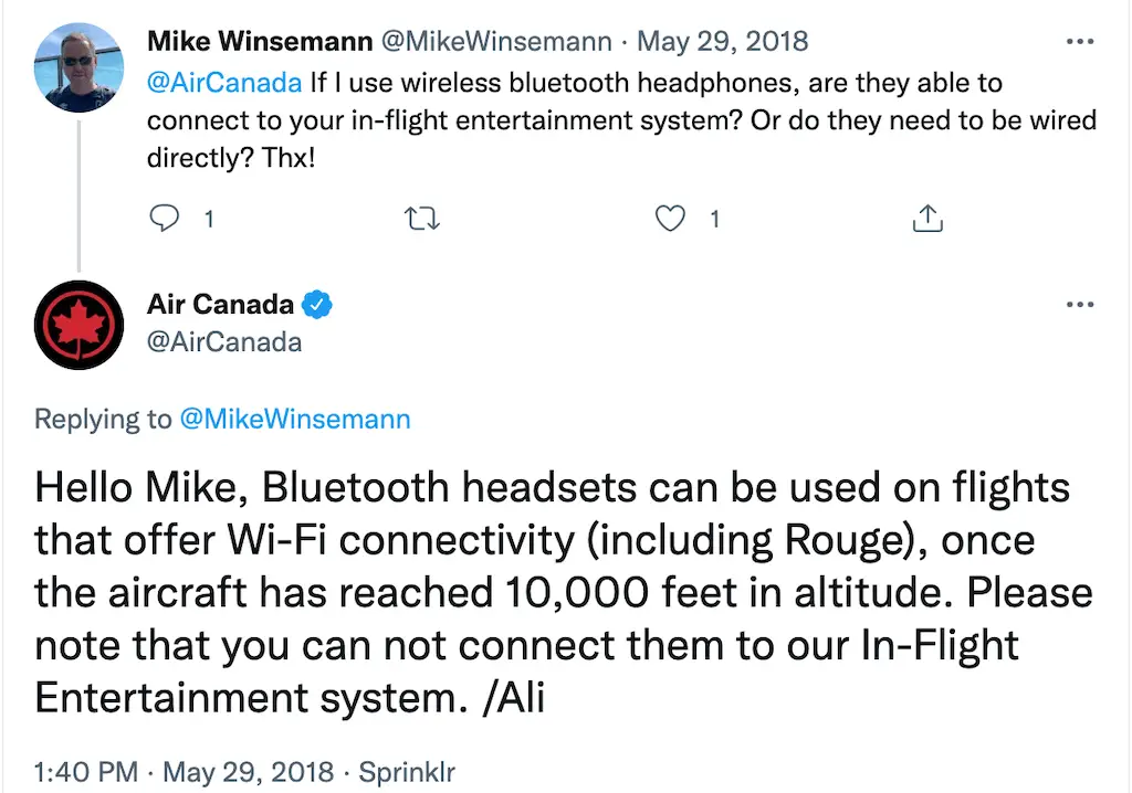 tweet de la política de bluetooth de air canada