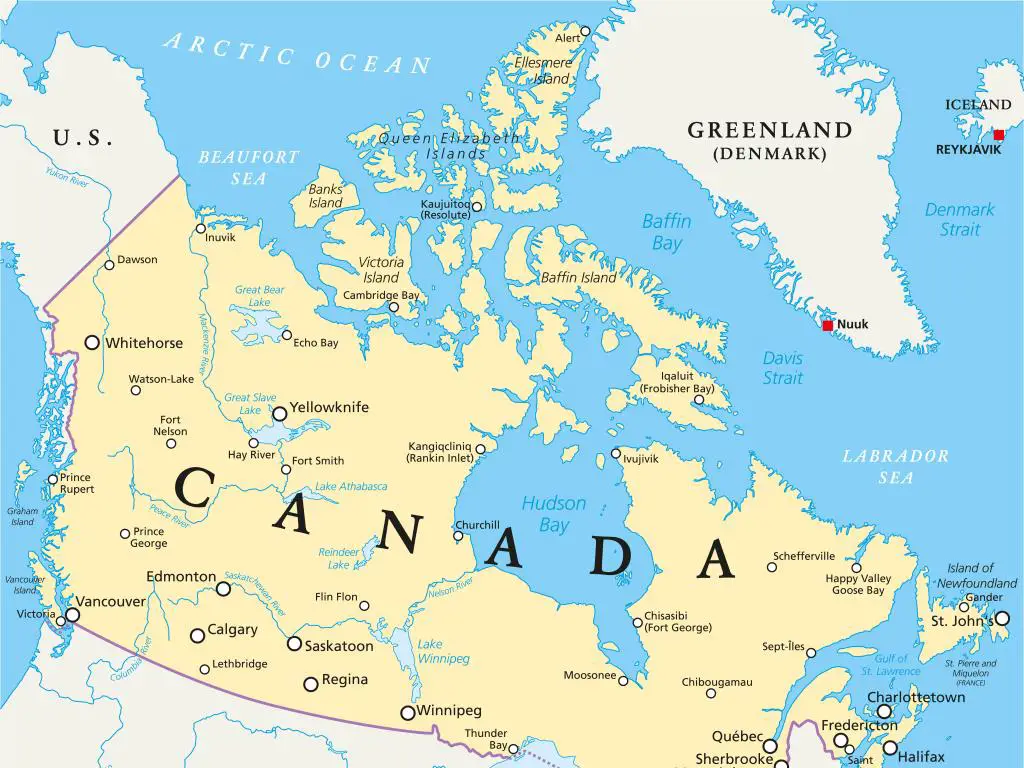 Mapa de Canadá y Groenlandia que muestra cómo la bahía de Baffin y el estrecho de Davis los separan.