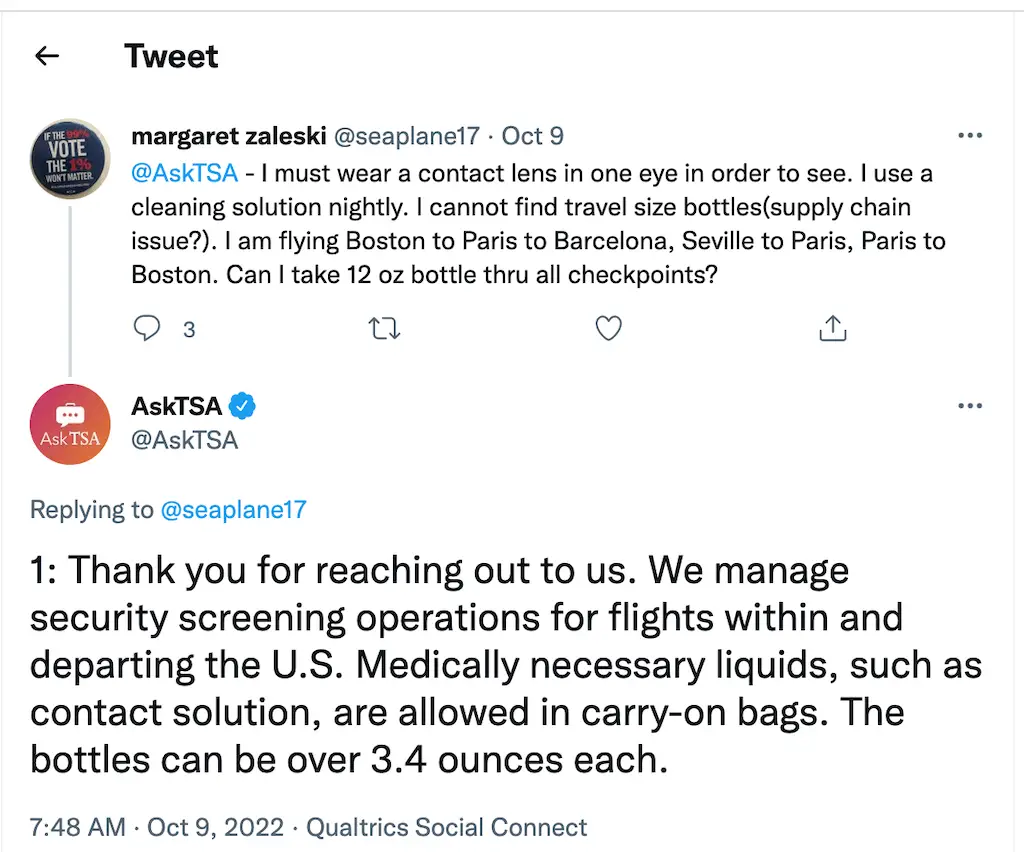 Cuenta de Twitter de la TSA que explica la excepción médica de la solución de contacto