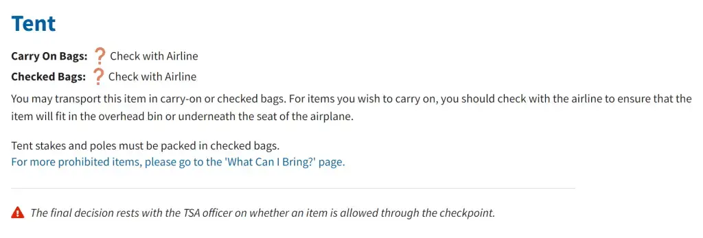 Volar con equipo de camping: ¿Puedes llevar una tienda de campaña, postes y clavijas en un avión? (Reglas de la TSA)