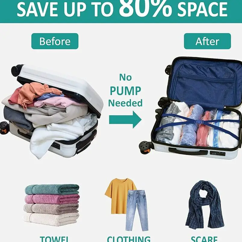 Amazon.com: 12 bolsas enrollables que ahorran espacio para viajes, bolsas de compresión de viaje para embalaje y ropa, no necesita bomba ni aspiradora: Home & Kitchen